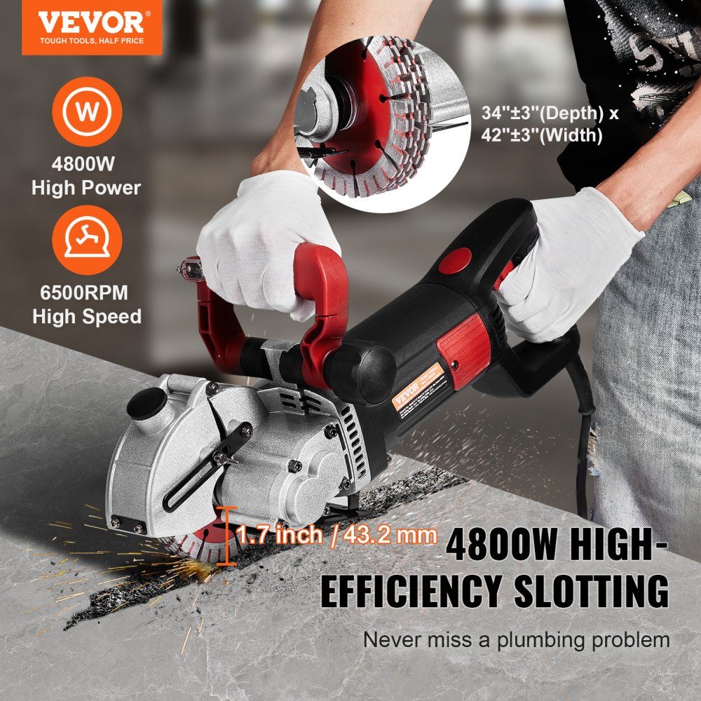 Wall chaser slot cutter 4800W, wall chaser 6500 rpm, wall chaser slot chaser with 34 mm depth, 38 mm width, electric grooving machine 54x20x24 cm with 5 φ125 mm saw blade, ideal for construction sites