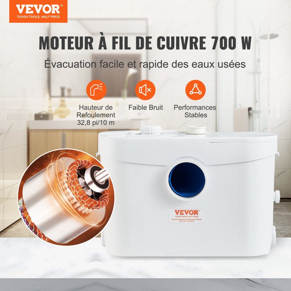 Système de relevage, 700 W, débit 9600 l/h, hauteur 10 m, pompe eaux usées broyeur avec 3 arrivées d'eau pour WC, cave, cuisine, évier, baignoire, évacuation eaux usées, lave-vaisselle – Réf. HT-24457