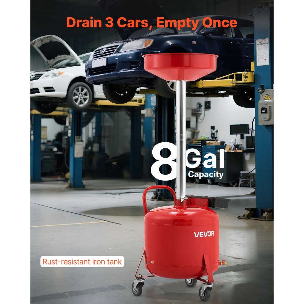 Oil Catch Trolley 30L, Oil Catch Trolley with Adjustable Funnel Height, Oil Catch Container with Wheels and Tool Box, Liquid Fuel Drain for Auto Workshop, Red