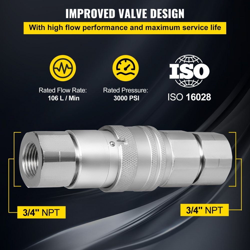 Coupleur rapide hydraulique 3/4NPT, coupleur hydraulique 3/4 corps, 20,7 MPa, coupleur hydraulique, coupleur rapide, 106 L/min, coupleur rapide hydraulique (ISO 16028)