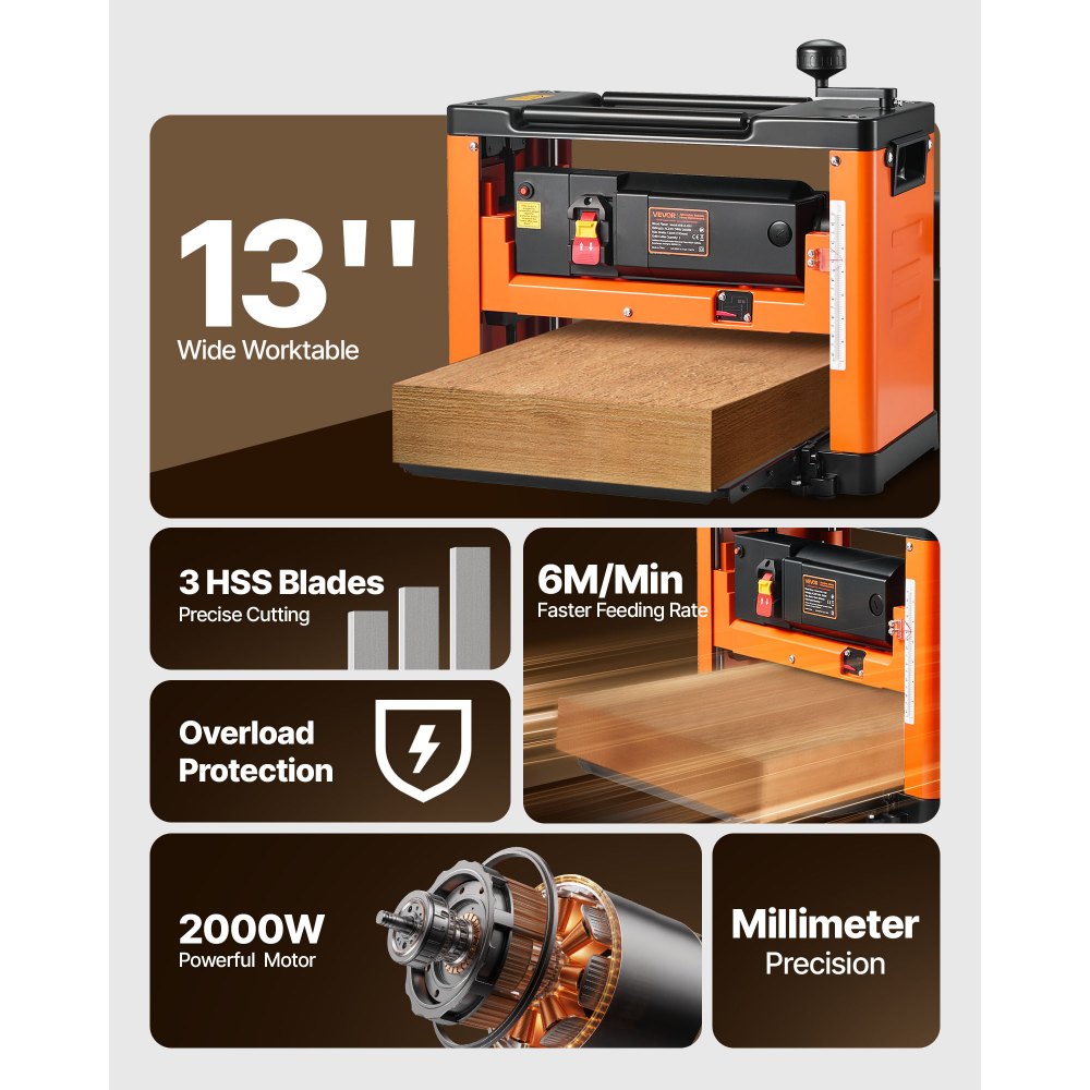 Raboteuse, Trèfle, Table de travail 330 mm, Raboteuse, 2 kW, Vitesse moteur 23 500 tr/min, Rouleaux doubles, Protection contre le renversement, Travail du bois à vitesse unique, pour bois durs et résineux Raboteuse, Trèfle, Table de travail 330 mm, Raboteuse, 2 kW, Vitesse moteur 23 500 tr/min, Rouleaux doubles, Protection contre le renversement, Travail du bois à vitesse unique, pour bois durs et résineux