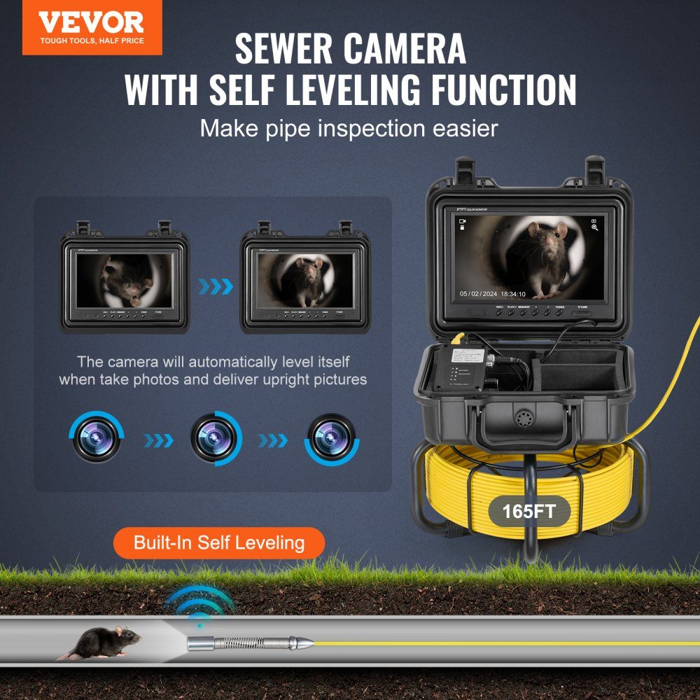 Sewer Camera, 50m Self-Leveling Pipe Inspection Camera with 9" 1080P HD Screen, 36X Zoom, Waterproof IP68-Rohrkamera with Lights-12 LED, 32GB Card Borescope for Sewer Pipes