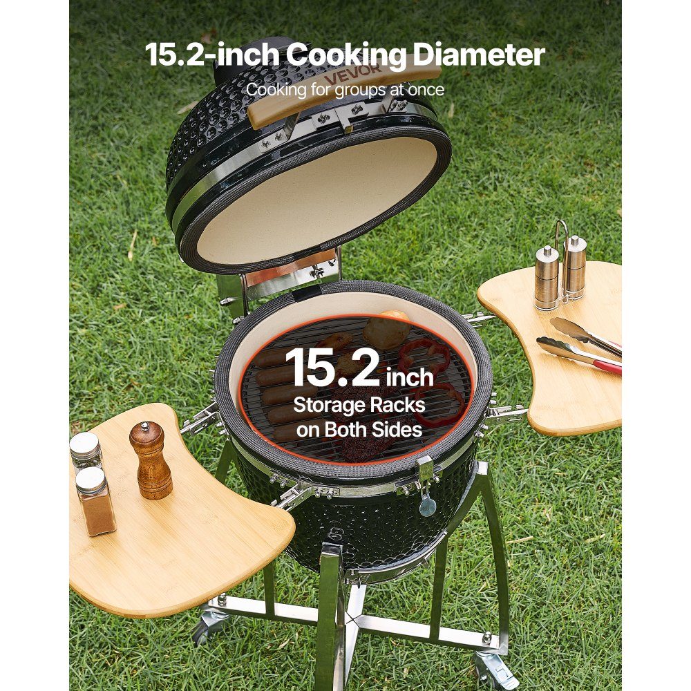 Kamado-Grill, Keramikgrill, Smoker Ø 450 mm, mit Holzgriffen, Seitenablagen, Metallständer mit Rädern & Thermometer bis 400°C, oberer & unterer Luftstrom, zum BBQ, Grillen, Kochen & Backen im Freien