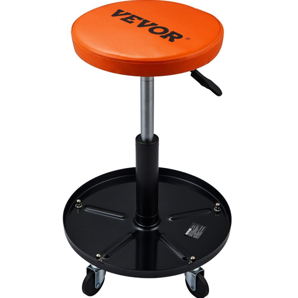Rollbarer Mechanikerhocker, Werkstatthocker, 250 lbs, 16"-22" höhenverstellbarer Werkstattsitz, Werkstatthocker mit Werkzeugablage, für Garage, Geschäft, Autoreparatur, Schwarz + Orange