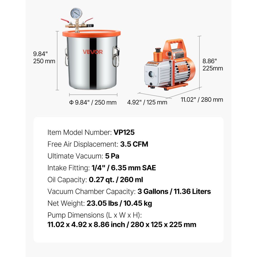 Komora próżniowa 11,36 l z pompą, 99 l/min, stal nierdzewna, zestaw komory odgazowującej, jednostopniowy, pokrywa ze szkła hartowanego, wąż 1,5 m, do stabilizacji żywicy silikonowej do odgazowywania drewna