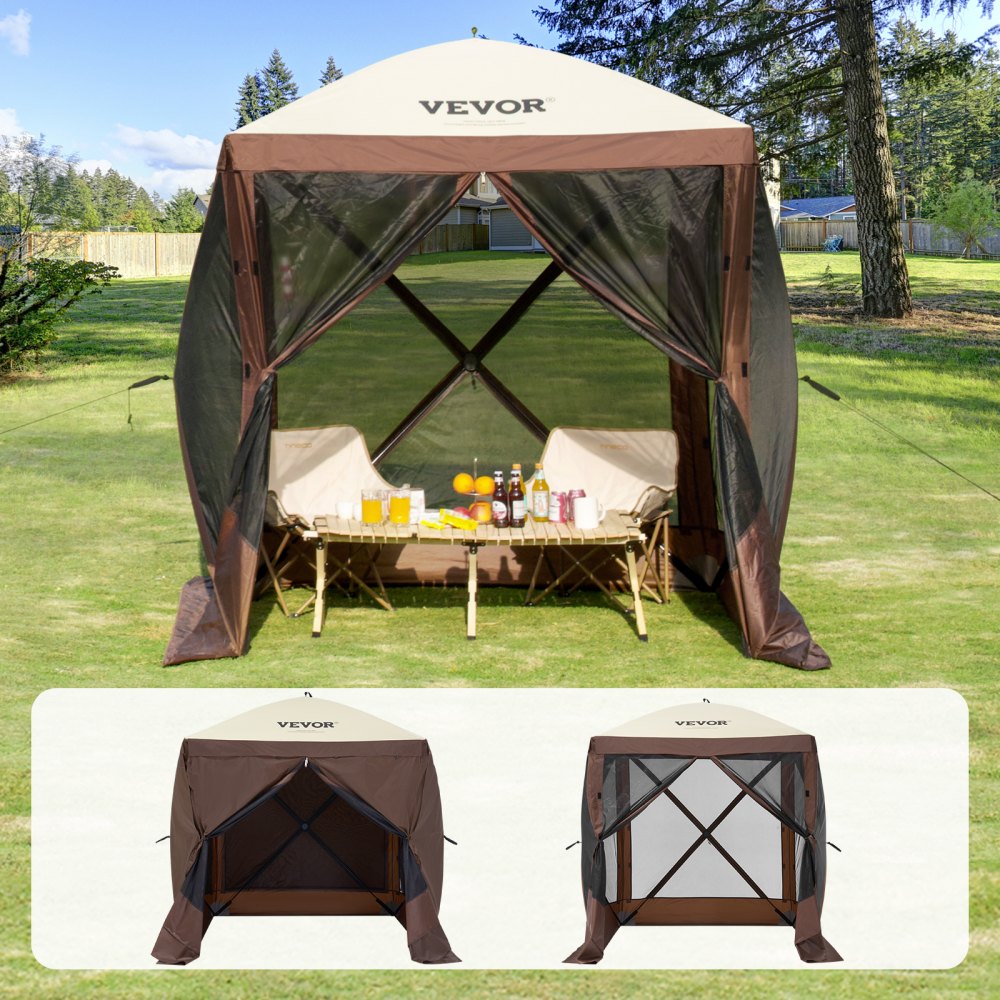 Pop-up tuinhuisje, pop-up tent met 4 zijluifels, zonnescherm met 4 verwijderbare privacy-winddoeken en gaasramen, 6 x 6 voet, snel op te zetten tent met klamboe, bruin Pop-up tuinhuisje, pop-up tent met 4 zijluifels, zonnescherm met 4 verwijderbare privacy-winddoeken en gaasramen, 6 x 6 voet, snel op te zetten tent met klamboe, bruin