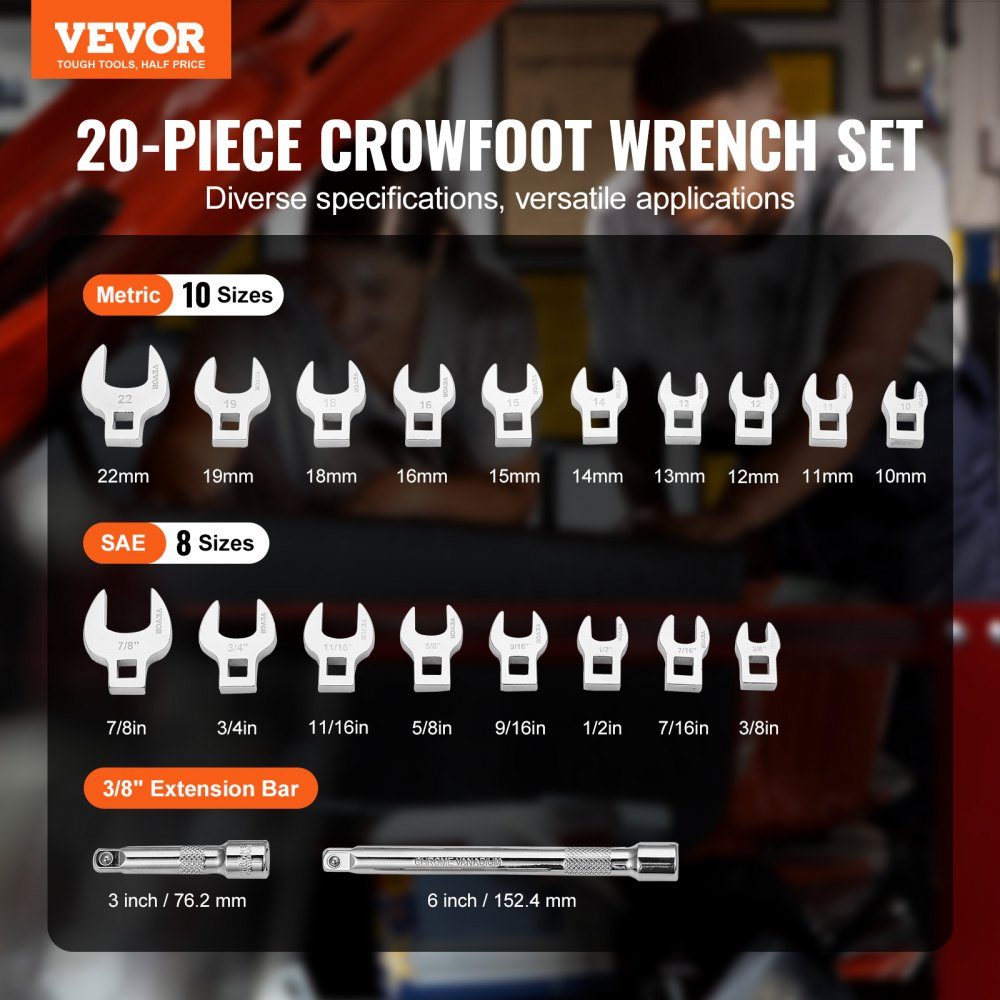Crowfoot Wrench Set, 9.525mm Drive, 20 Piece Crowfoot Wrench Set with 2 Extension Bars and EVA Tool Organizer, SAE 3/8-2.22cm and Metric 10-22mm, 40CR Material