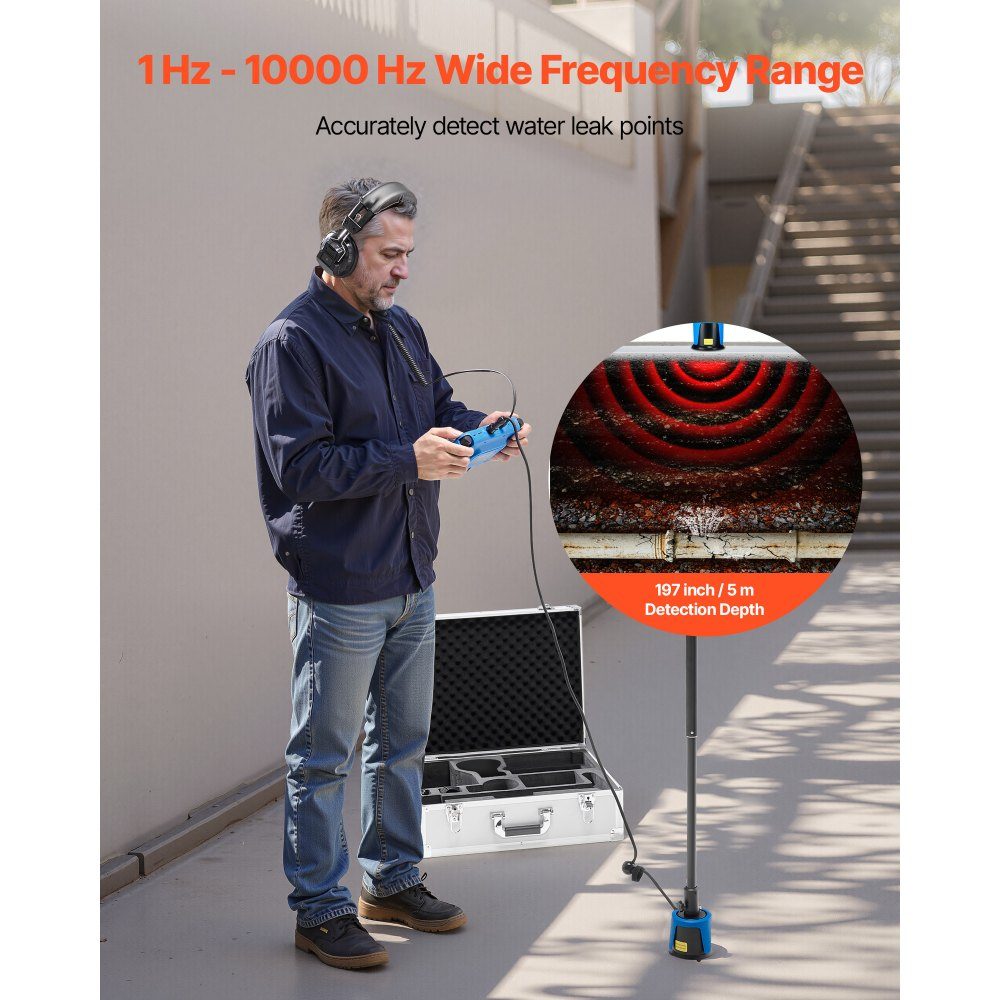 Détecteur de fuite d'eau pour canalisations 1 Hz - 10 000 Hz Détecteur de fuite d'eau à écran tactile 7" pour canalisations souterraines de 5 m avec capteur moyen, 3 baguettes d'écoute, écouteurs et sac
