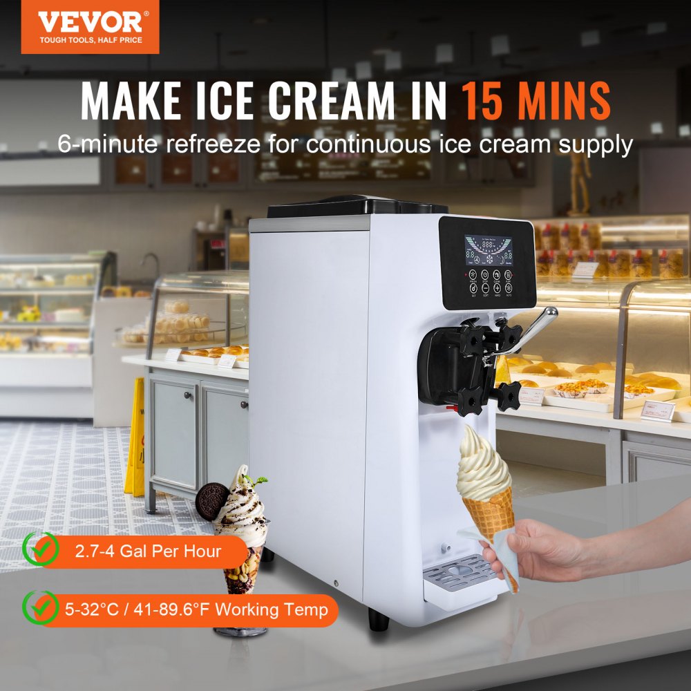 Commercial Ice Cream Machine, 10L/H Output, 900W, Single Flavor Soft Ice Cream Machine, Countertop, with 4L Hopper, 1.6L Cylinder, LCD Screen, Pre-Cooling Commercial Ice Cream Machine, 10L/H Output, 900W, Single Flavor Soft Ice Cream Machine, Countertop, with 4L Hopper, 1.6L Cylinder, LCD Screen, Pre-Cooling