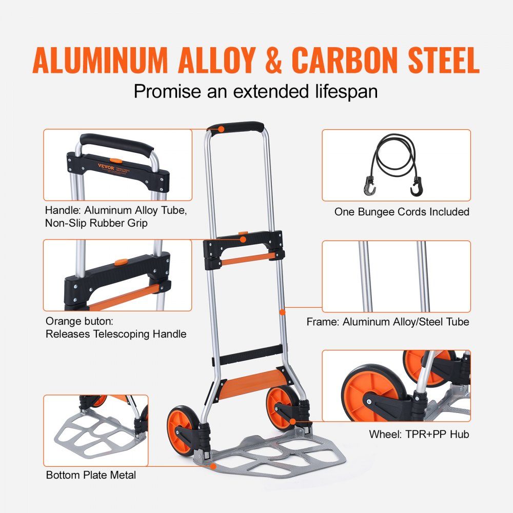 Folding Sack Truck 125kg Aluminum Alloy Plastic Transport Trolley Stacking Trolley with Adjustable Handle 820-1105mm Foldable Trolley with Tension Rope Included Compact Size for Storage
