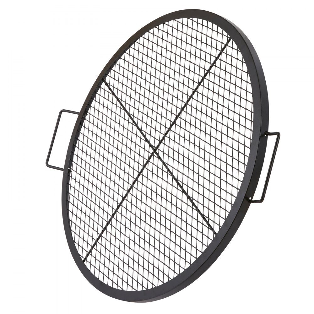 X-Marks Grille de barbecue pour foyer, Φ 760 x 25 mm, grille de barbecue en acier avec poignée et support X-Wire, batterie de cuisine de camping portable pour fêtes et rassemblements en plein air, noir