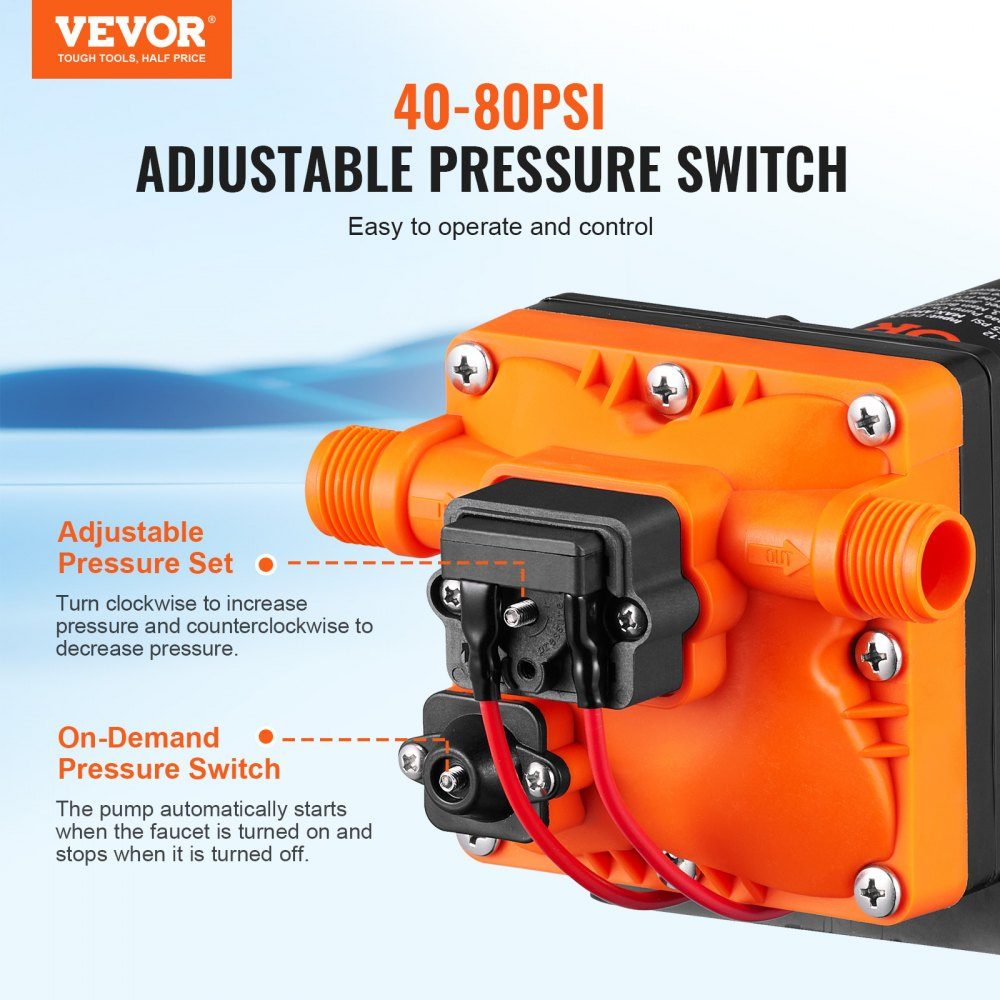 Water Diaphragm Pump, 12V DC, 13L/min Flow, 3.8bar Rated Pressure (2.76-5.5bar Adjustable), 1/2" MNPT Self-Priming Spray Pump with Pressure Switch for RV, Motorhome, Marine, Boat