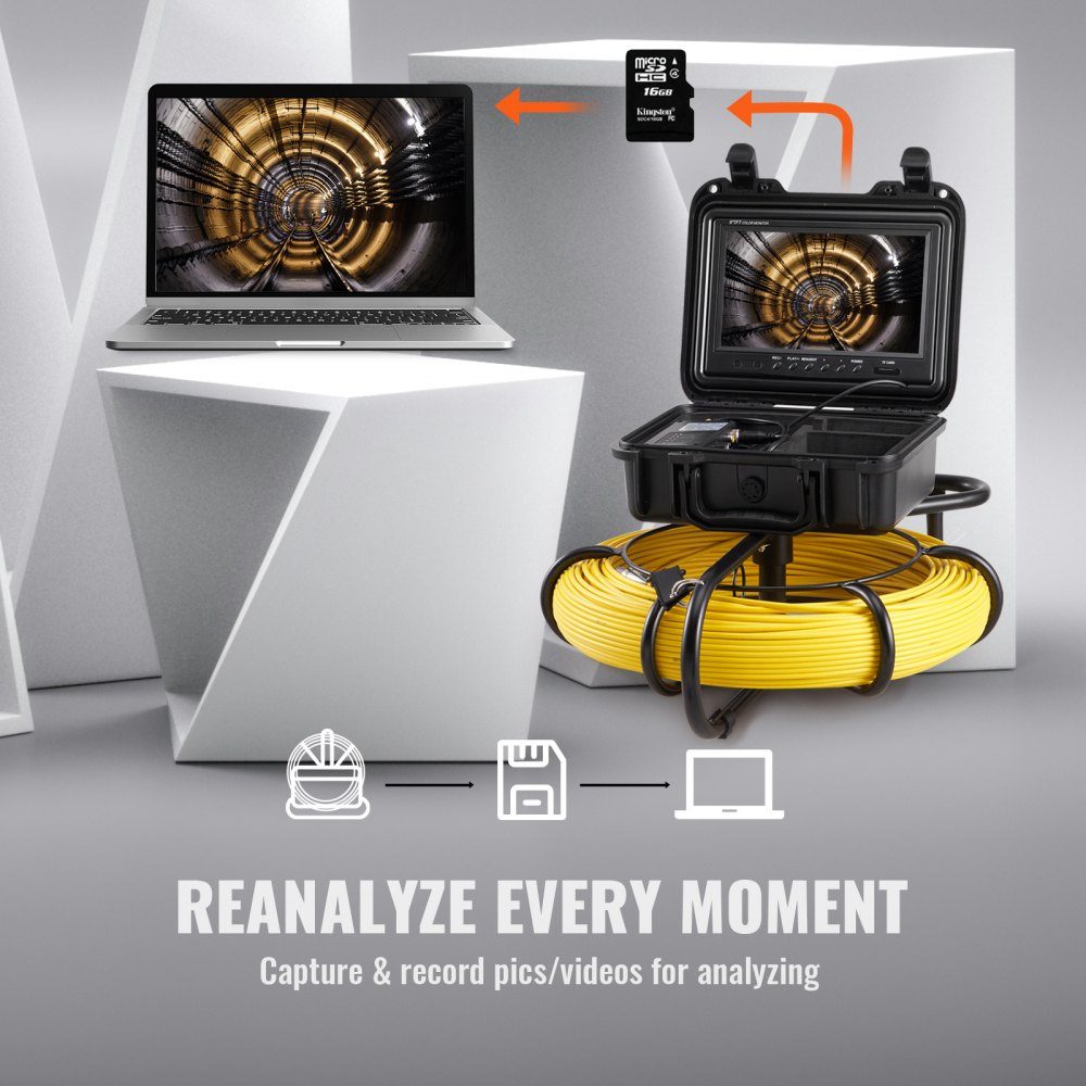 Pipe camera inspection camera, sewer camera, pipe inspection camera 228.6mm, 720p screen, pipe camera 119.79m