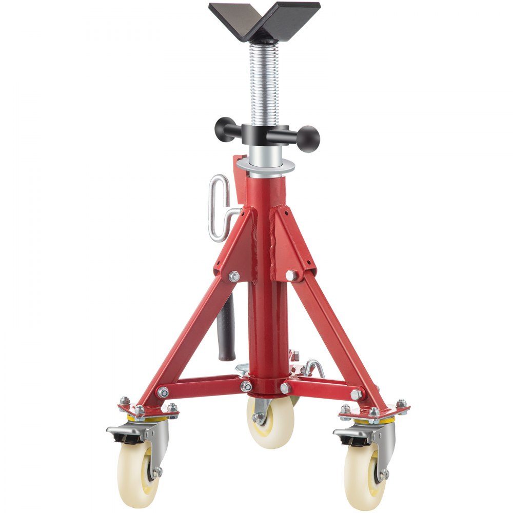 Pipe stand 400 kg load capacity, pipe support with 2 ball transfer V-head, pipe stand height adjustable 20-37 inch height, folding pipe stand for thread cutting machines rolling grooves