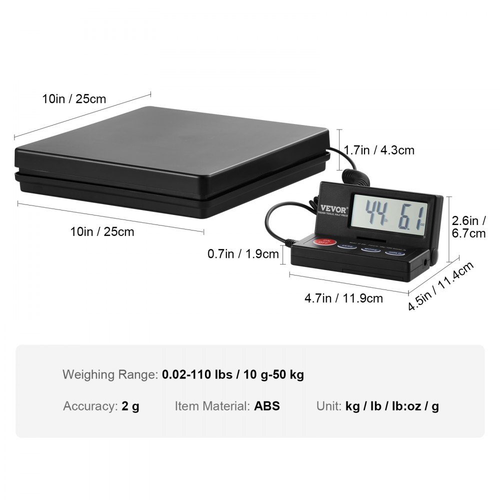Plattformwaage 10g-50kg Paketwaage 2g Genauigkeit Digitalwaage kg/lbs/lbs:oz/g Zählwaage 250x250x43mm ABS-Gehäuse Tara-/Haltefunktionen AC/DC-Stromversorgung Industriewaage Briefwaage Waage