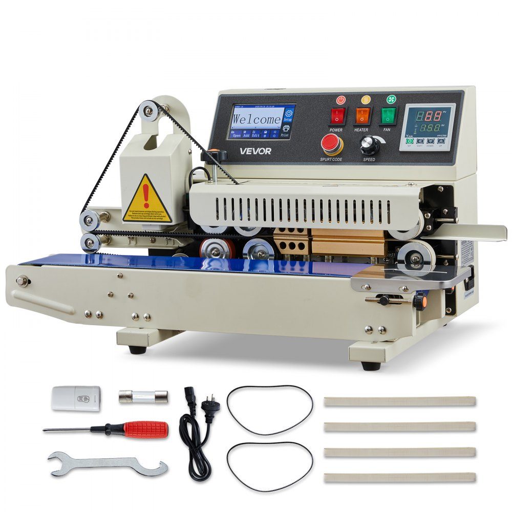 Continuous sealing machine, 6-12mm sealing width, horizontal, with ink printing, sealing machine, temperature and speed adjustable, for 0.03-0.8mm plastic bags