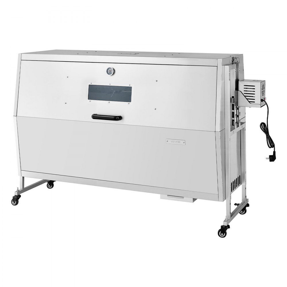 Drehspieß 38W Spanferkelgrill Lammgrill Holzkohlegrill (132cm Grilllänge) mit 60kg Belastbarkeit & Rollen & 4-fach Höhenverstellung & Deckel, Edelstahl Elektrogrill Set für Camping