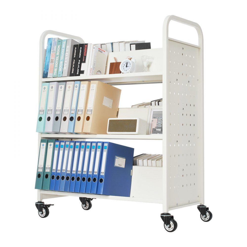 Book Trolley 150kg Load Capacity Library Trolley 97 x 51.5 x 122.5cm Double Sided W Shaped Bookshelf with Double Brake Wheels Bookshelf Trolley for Living Room Office School White