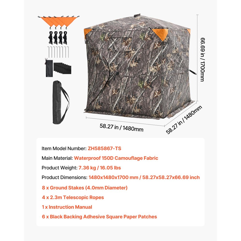 Hunting tent hunting hideout, 2-3 person portable camouflage tent, 270° transparent ground hideout, suitable for turkey and deer hunting, hunting shelter with carry bag, 148 x 148 x 170 cm Hunting tent hunting hideout, 2-3 person portable camouflage tent, 270° transparent ground hideout, suitable for turkey and deer hunting, hunting shelter with carry bag, 148 x 148 x 170 cm