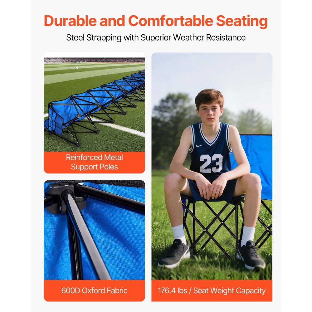 Portable Team Bench, Camping Bench (8 Person) with Side Pockets and Carry Bag, Folding Bench with Backrest, Side Bench for Football, Baseball, Outdoor Activities, Blue