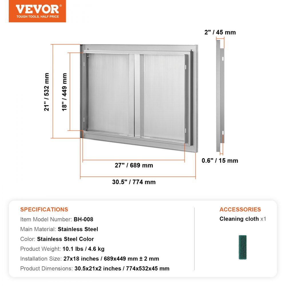 Porte d'accès au gril 774x532mm Double porte de cuisine extérieure encastrée en acier inoxydable, porte murale verticale avec poignées rétractables pour Grill Island Grill Station armoire extérieure