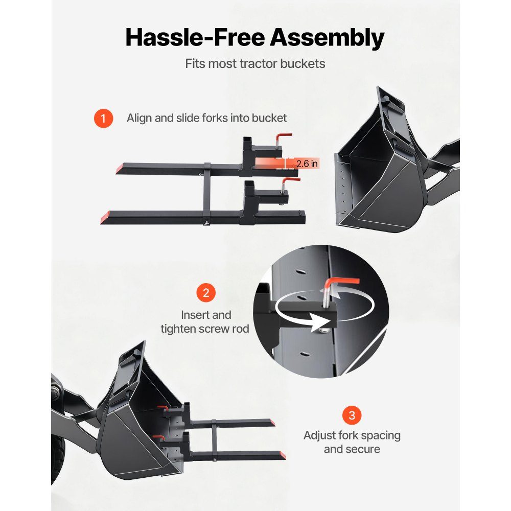 Pallet Forks 907kg, Clamp Fork Carrier, 1090mm Overall Length, Forks with Adjustable Stabilizer Bar for Tractor Attachments, Loader Bucket and Skid Steer Loader, Black