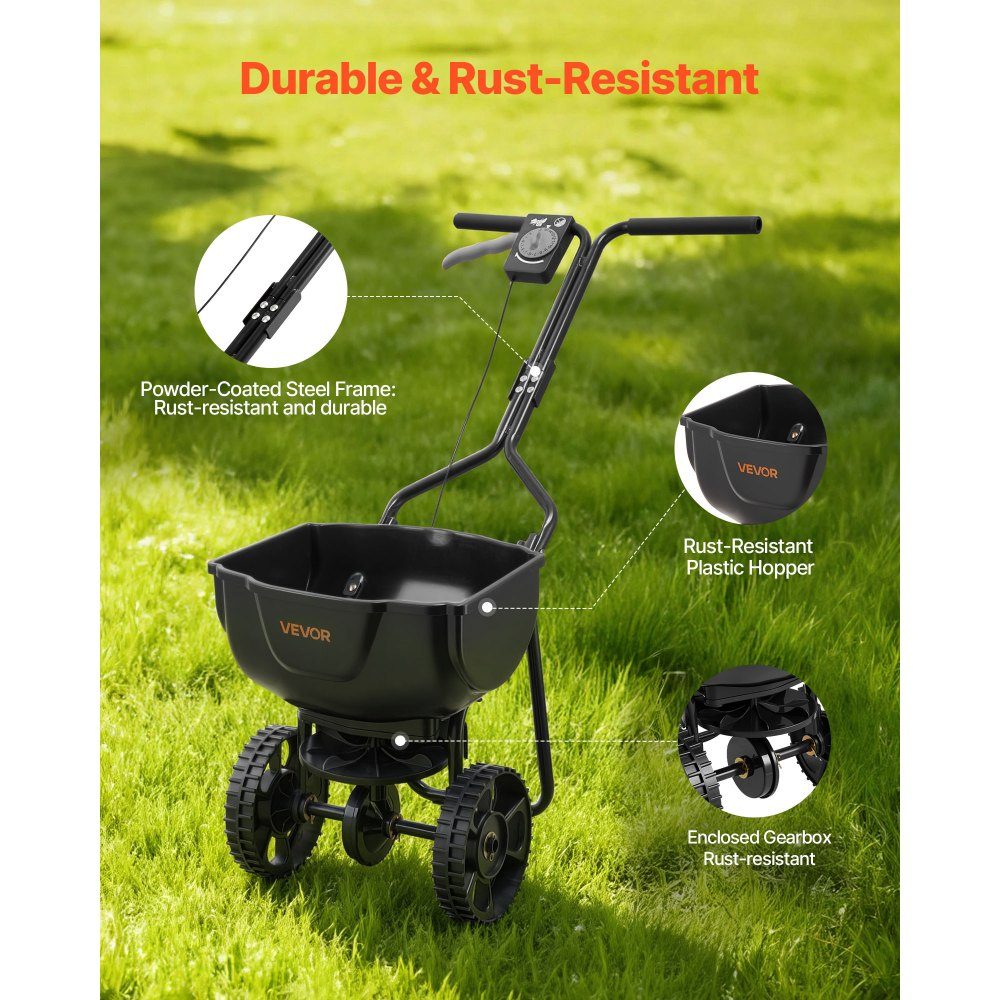 Spreader 6.8 kg capacity, fertilizer spreader 3 m spreading width, centrifugal spreader with 25.4 cm tires, adjustable spreading quantity, standard spreader for fertilizer and seeds in the home garden