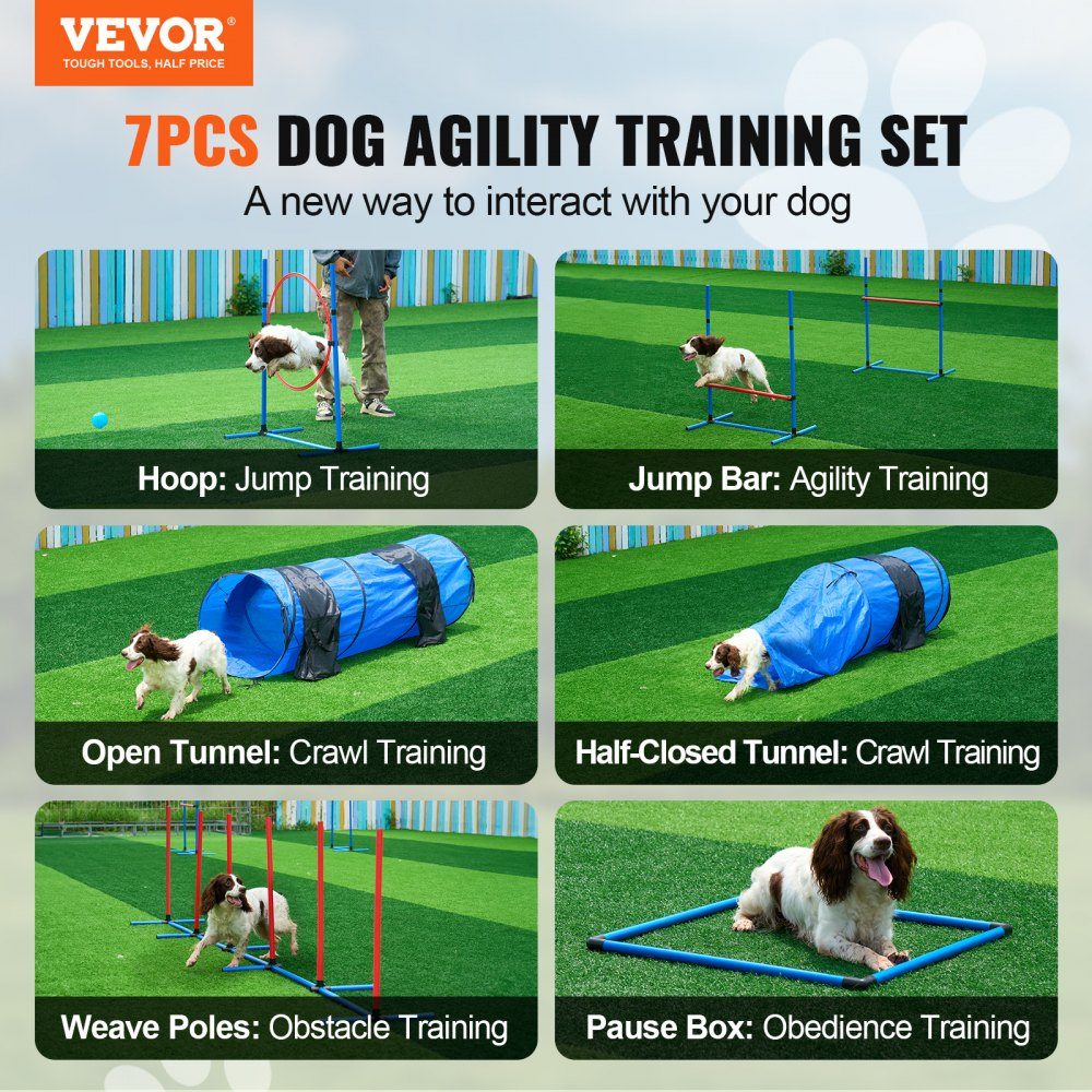 Équipement d'entraînement d'agilité pour chien, ensemble de 7 pièces avec haies hautes réglables, 6 poteaux de slalom, 2 tunnels, anneau de saut, boîte de frein, 3 frisbees, sifflet, bol pliable, ensemble de parcours d'obstacles pour chiot avec 3 sacs
