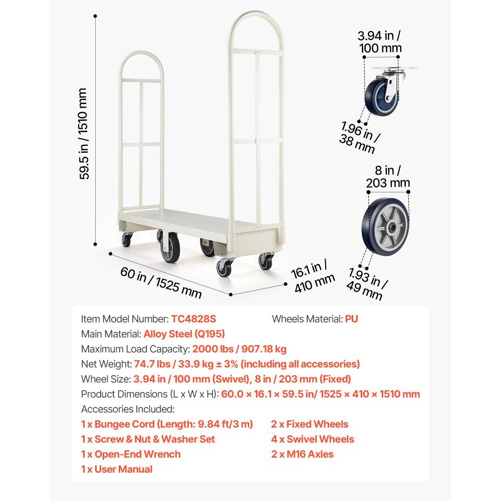Wózek platformowy Wózek transportowy o dużej wytrzymałości 907 kg Przemysłowy wózek magazynowy z 6 kołami i dwoma zdejmowanymi uchwytami do fabryki magazynowej 1525x410x1510mm – Nr kat. HT-23157