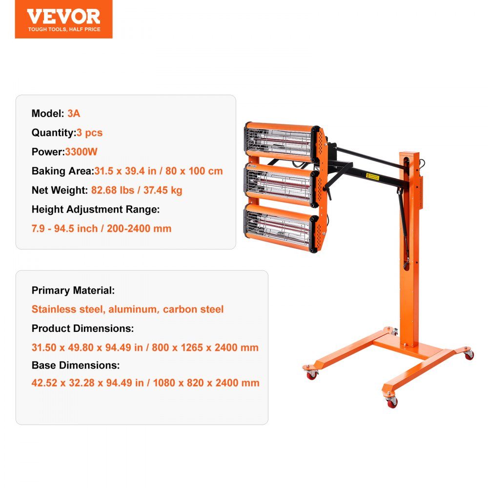 Infrared Curing Lamp, 3300W, 1-60 Min Time Setting, Automatic Curing Lamp with Auto Heater and Holder, 8.61 Square Feet Baking Area, Spray Bake Booth Heaters, Paint Dryer