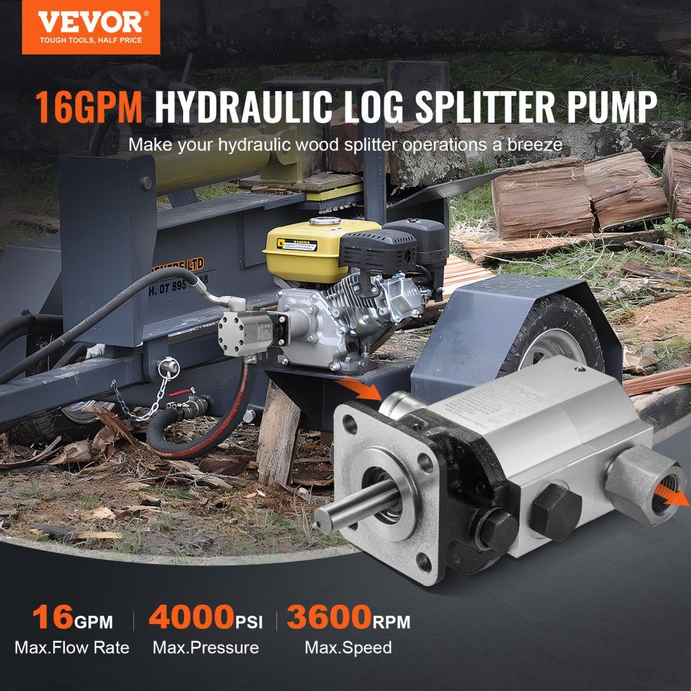 Kit de pompe hydraulique pour fendeuse de bûches, 60,6 L/min, 2 étages, 276 bars, pompe hydraulique à engrenages en aluminium avec valve, entrée 1", sortie 1/2" NPT, 3600 tr/min pour fendeuses de bûches montées sur petit moteur