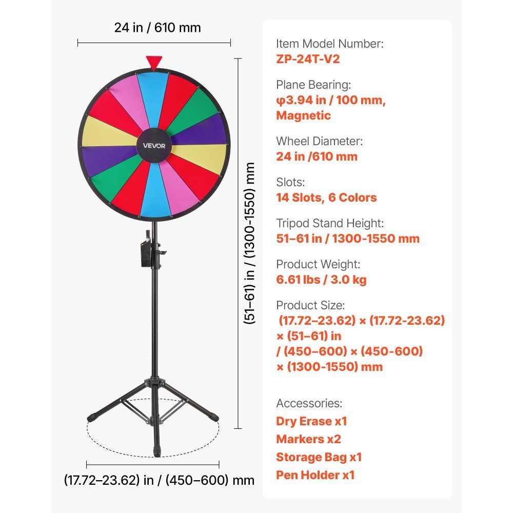 Rad van fortuin, spinnewiel (61 cm), 14 vakken, rad van fortuin met statief, in hoogte verstelbaar, loterijspelen, wedstrijden, roulette, met schoolbordspons & 2 stiften, 6 kleuren, ideaal voor feesten, cafés, kermissen, kermissen