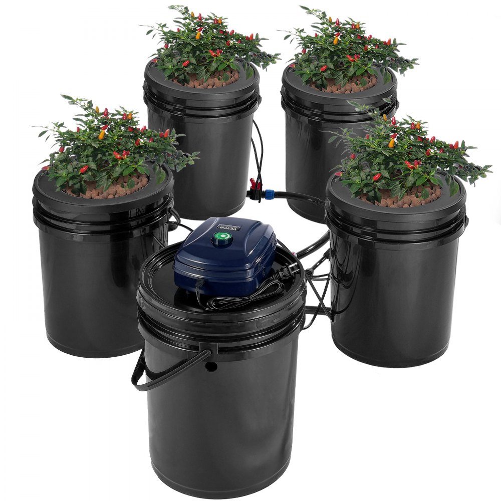RDWC Hydroponic Growing System, Hydroponic Growing Kit with Drip Top, Circulation Deep Water Culture, 4 Buckles and 1 Reservoir, with Air Pump and Water Level Indicator for Leafy Vegetables