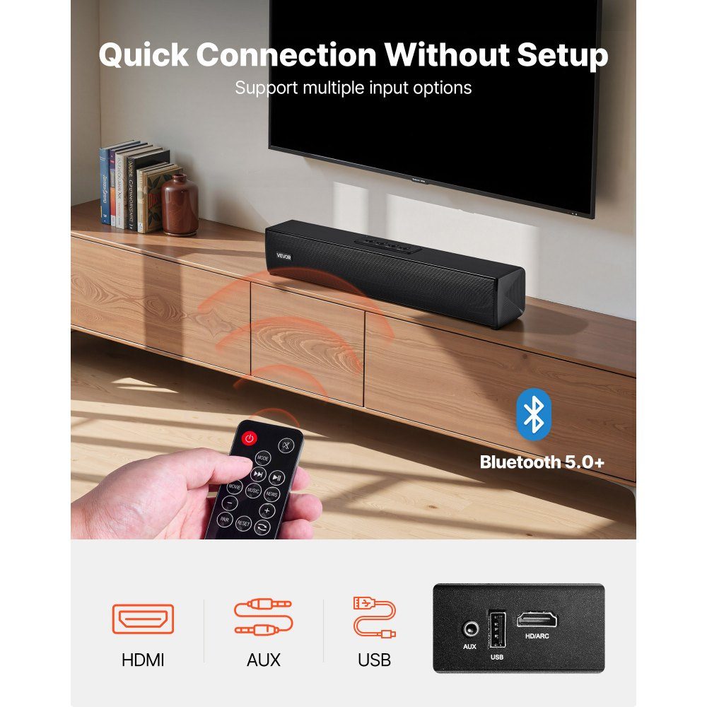 Soundbar für Smart TV, 2.0-Kanal, 450-mm-Kompakt-TV-Lautsprecher für Projektor, Bluetooth-AUX-Anschluss, Fernbedienung, 80-W-Surround-Sound-System für PC-Heimkino-Audio