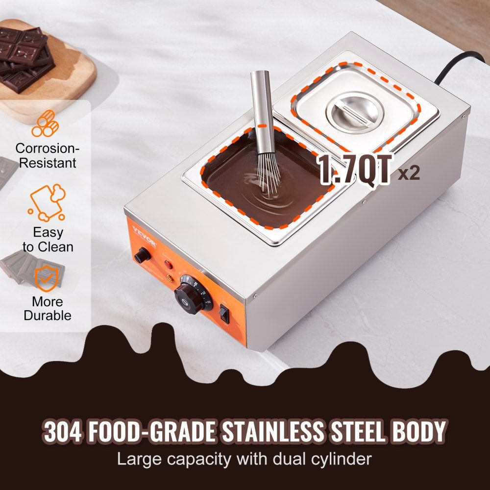 Chocolade smeltkroes, commerciële elektrische chocoladesmelter, 800W roestvrijstalen smeltkroes, 2 x 3,5L container, chocoladesmeltmachine, smeltkroes