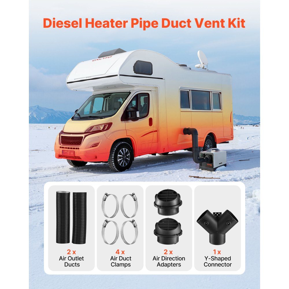 Dieselverwarmerpijp heteluchtuitlaatventilatieset met Y-vormige connector en luchtkanaalklemmen, hulpverwarmer luchtkanaalventilatieset voor 5kW 8kW dieselverwarmers, zwart