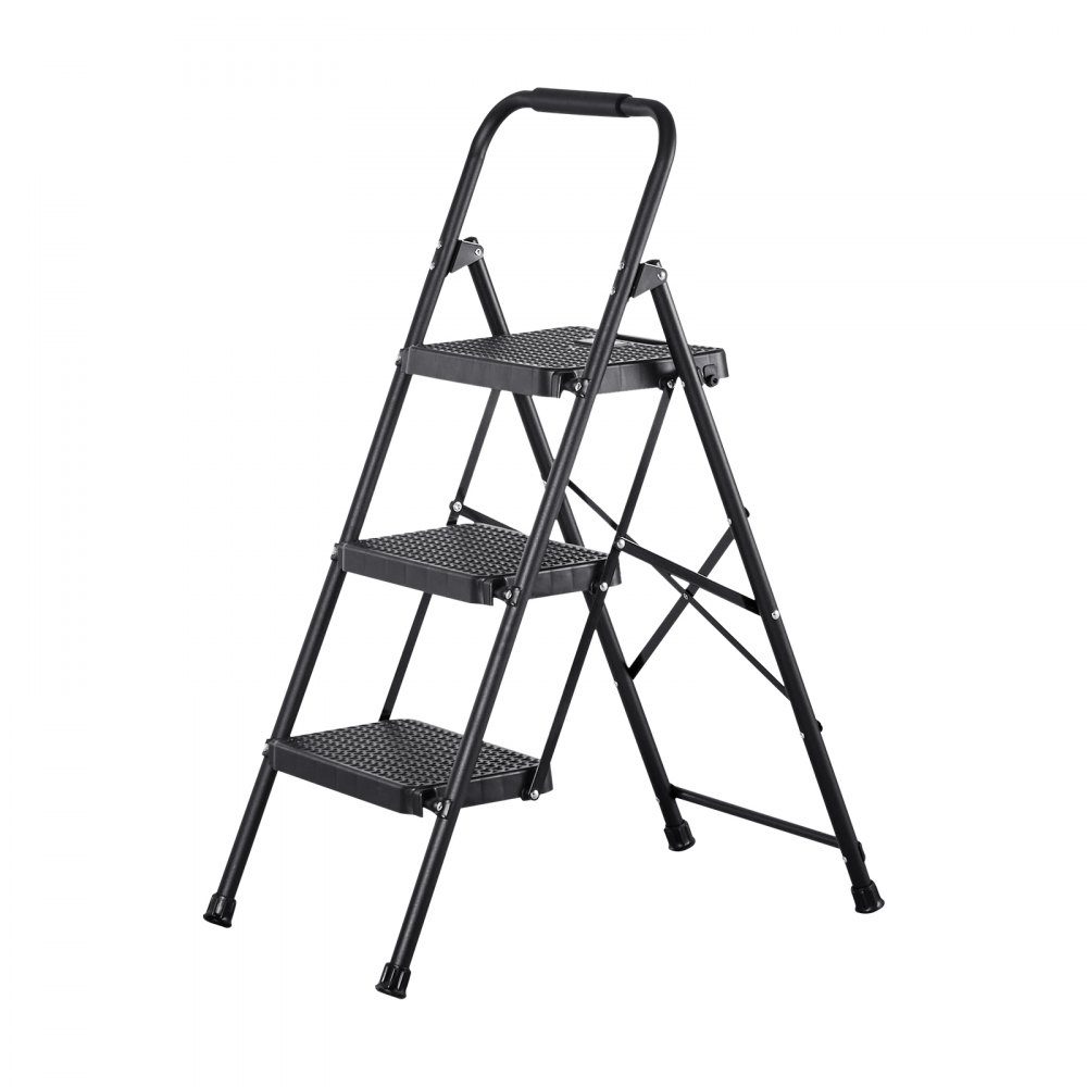 Step Ladder 3 Steps, Folding Ladder with Non-Slip Steps & Comfortable Handle, Household Ladder 272kg Load Capacity, Folding Step, Safety Ladder for Kitchen, Home & Office, Black
