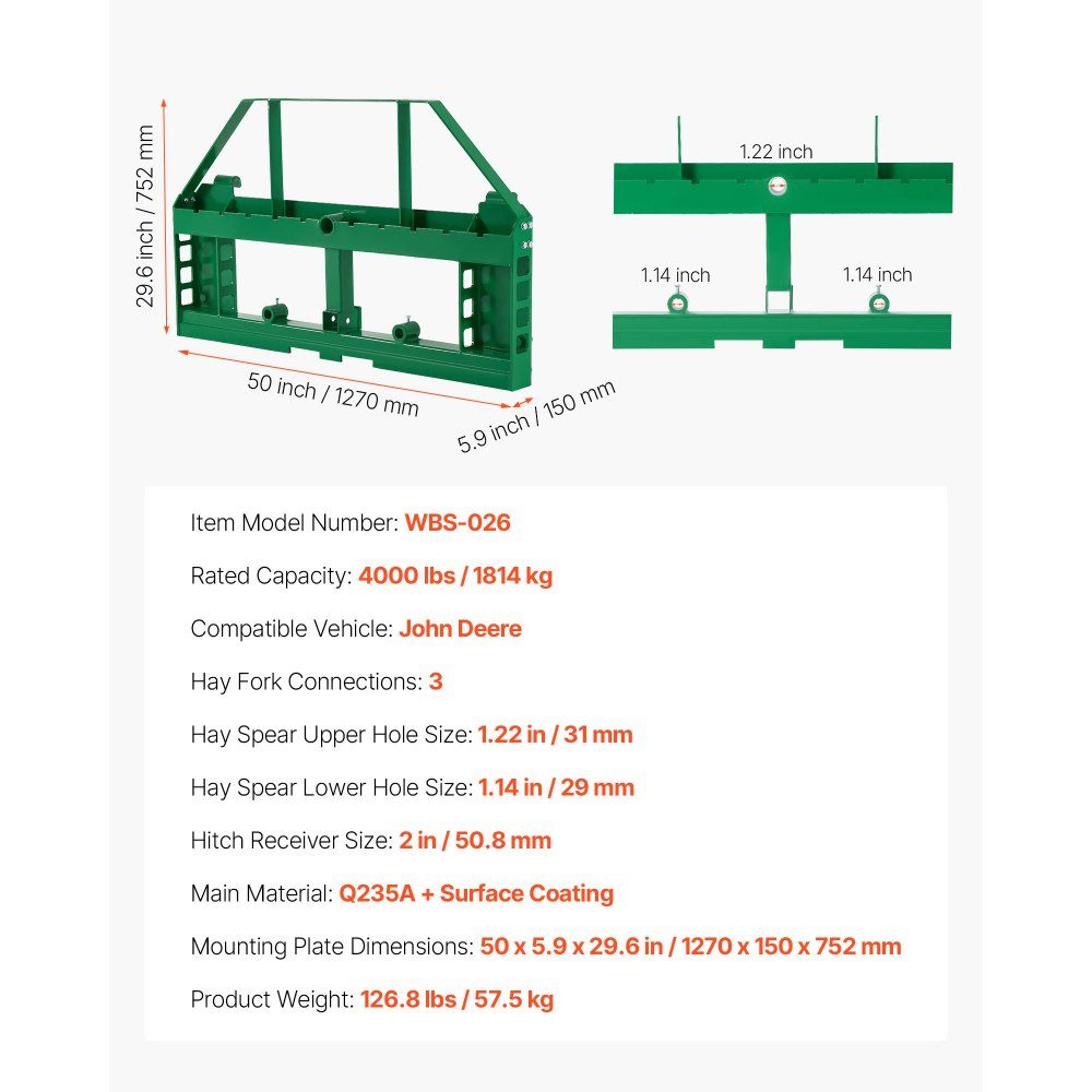 Skid Steer Loader 1814kg 1270 x 150 x 752mm Pallet Fork Frame Mounts with 50.8mm Hitch and Spear Sleeves Fits John Deere Quick Attach Loader Frames Only – Part No. HT-23026