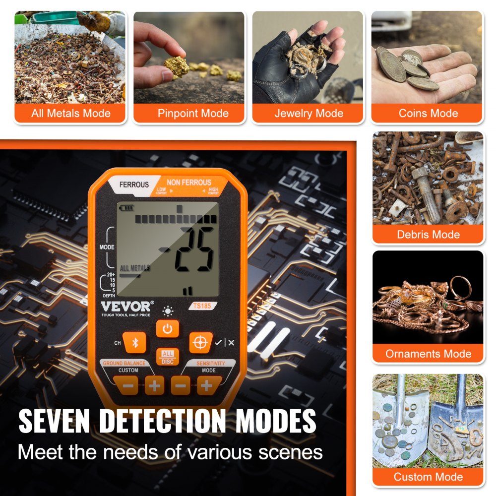 Metaaldetector professioneel, metaaldetector met zoekspoel van 30 cm, 7 modi, IP68 duikdiepte tot 3 m goudzoeker met verstelbare handgreep gouddetector inclusief precisie-lokalisatieapparaat voor Bluetooth-headsets