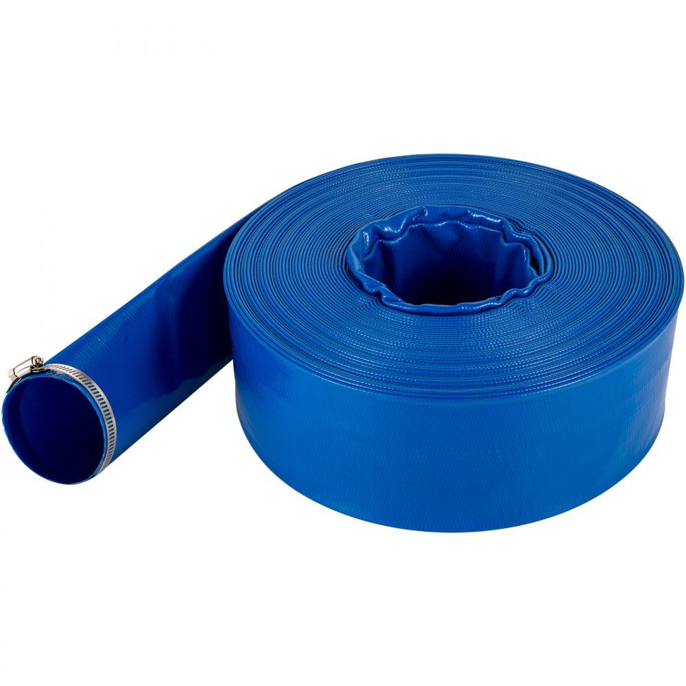 Ablaufschlauch, 38 mm x 32 m, Flachschlauch aus PVC-Gewebe, robuster Rückspül-Ablaufschlauch mit Klemmen, wetterfest und platzsicher, ideal für Schwimmbad und Wasserübertragung, Blau