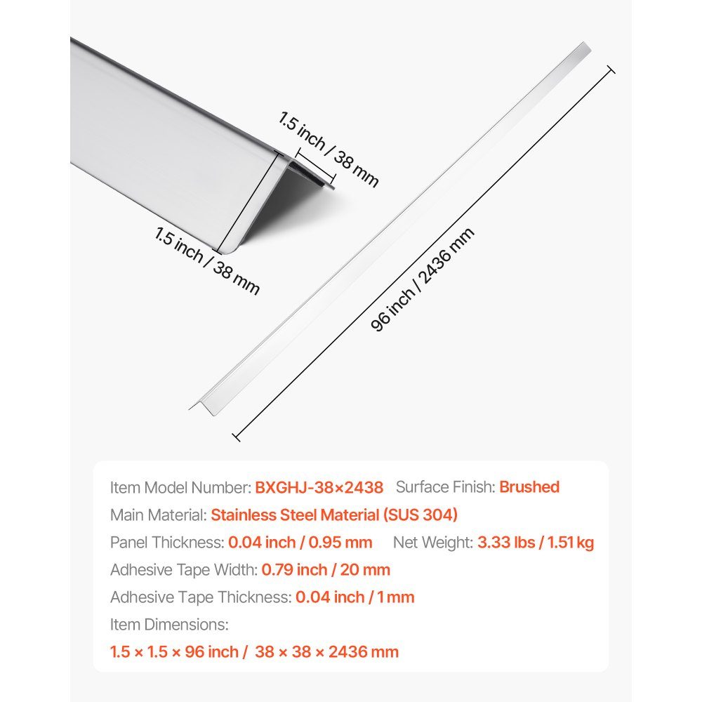 Lot de 10 protections de bord murales 38 x 38 x 2436 mm - Profilé d'angle en acier inoxydable - Protection murale avec ruban adhésif 3M - Angle de 90 degrés - Idéal pour la maison, le bureau et les espaces publics
