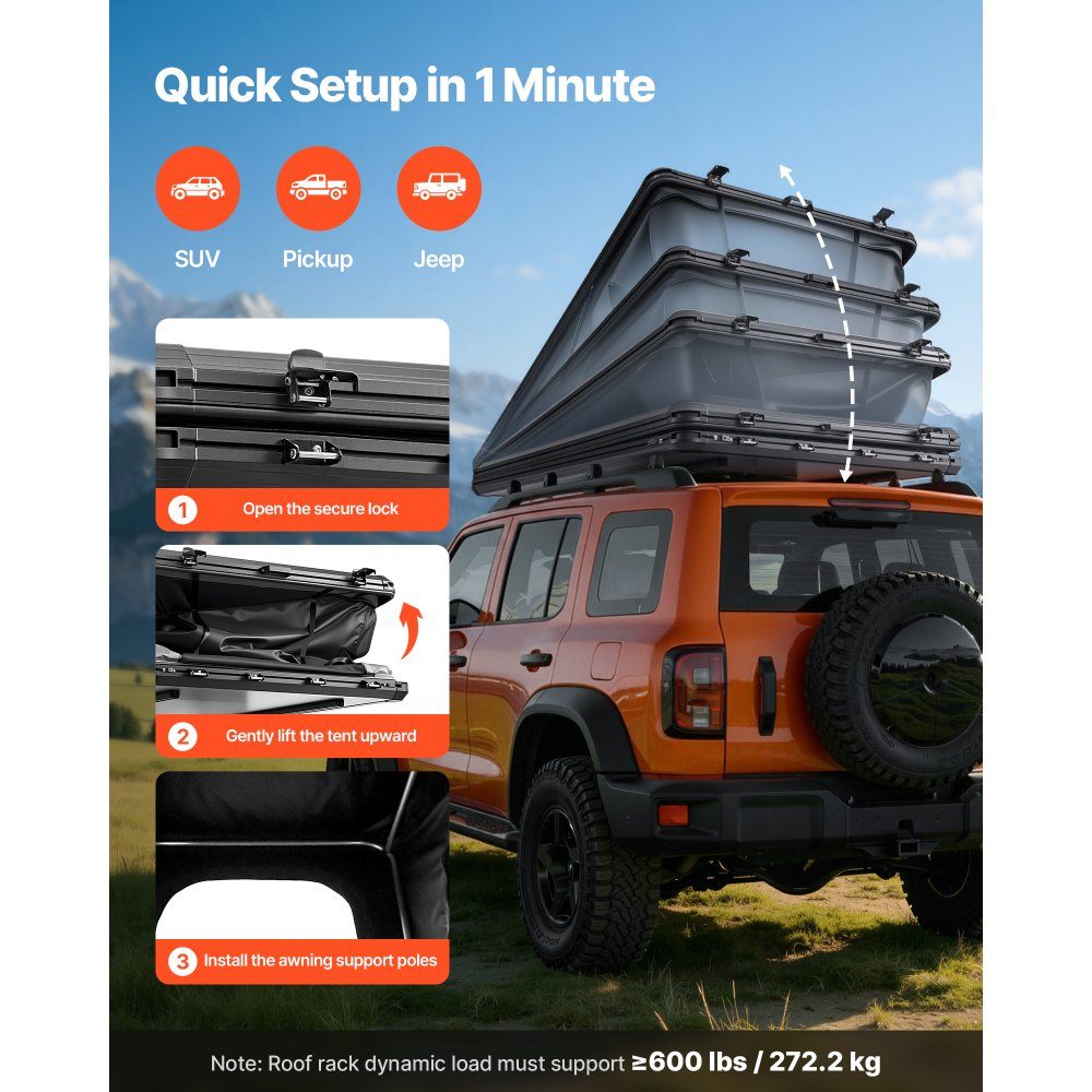 Tente de toit de voiture à coque rigide pour 2-3 personnes, tente de camping en aluminium avec éclairage LED tricolore et 1 fenêtre, imperméable et coupe-vent, pour pick-up Jeep SUV, 256 x 222 x 152 cm (déplié)