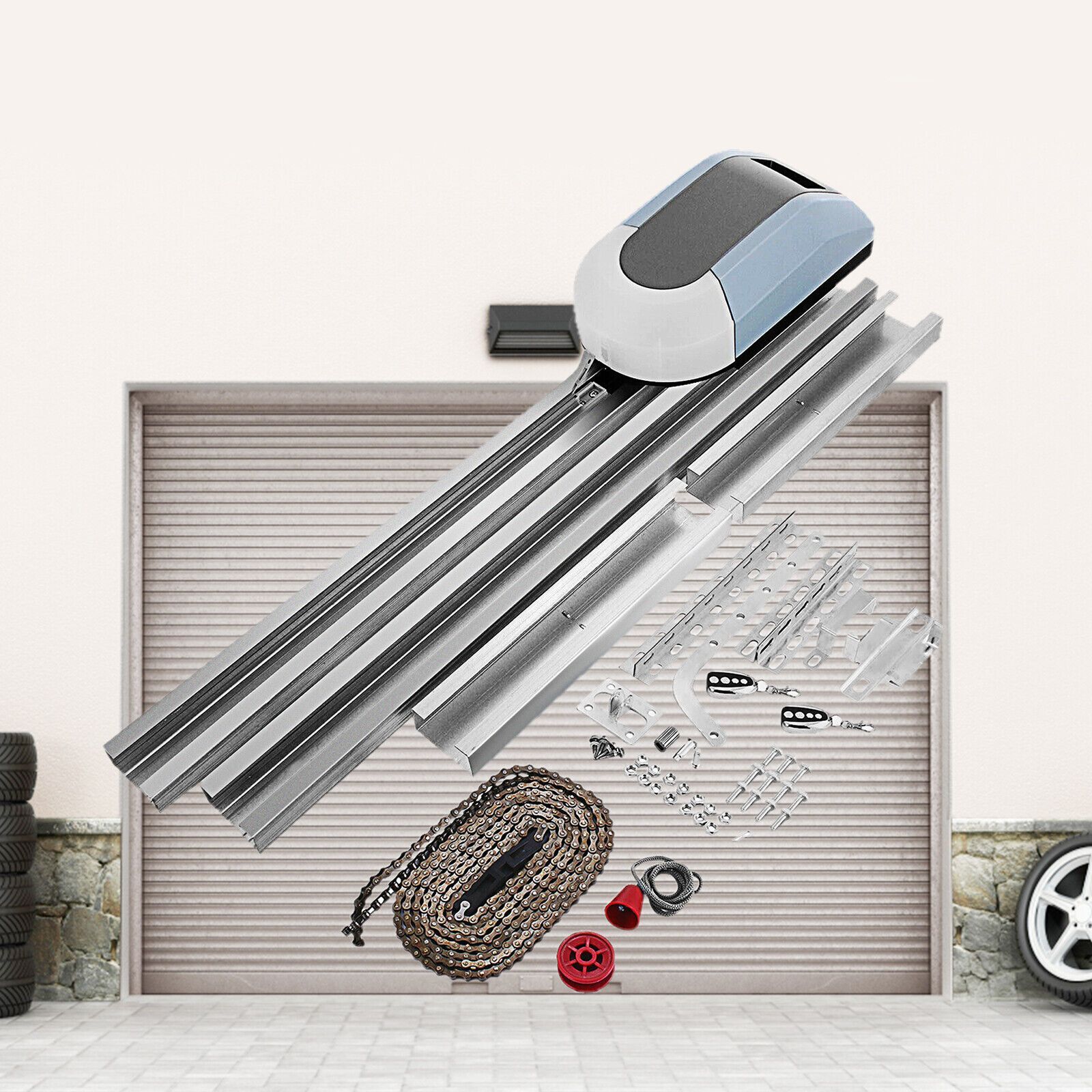 Ouvre-porte de garage, entraînement de porte de garage, rail d'entraînement, double câble avec télécommandes Ouvre-porte de garage, entraînement de porte de garage, rail d'entraînement, double câble avec télécommandes