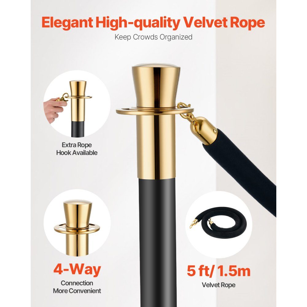 Barrier posts (6 pieces) for crowd control with 4 black velvet ropes (1.5 m long), stainless steel barrier stand with refillable base for exhibitions