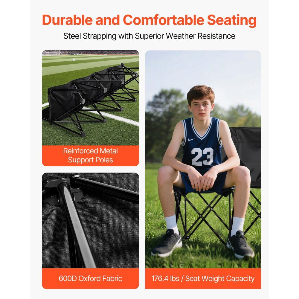 Portable Folding Camping Bench Bench (4 Person) with Side Pockets and Carry Bag Team Bench with Backrest Side Bench for Football Baseball Camping Outdoor Activities Black