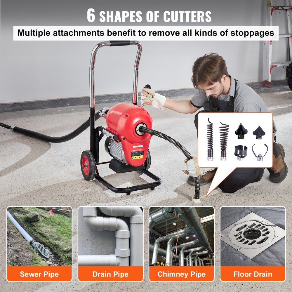 Pipe Cleaning Machine 120ft x 6/5in, 1100W Manual Feed Electric Pipe Cleaning Machine - with 6 Cutters and CW/CCW Control for 4" to 8" Pipes