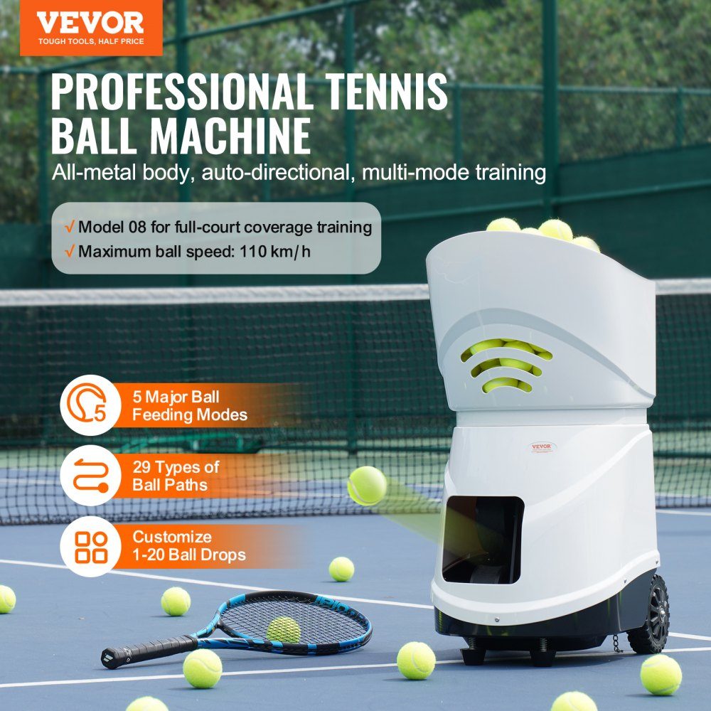Machine à balles de tennis, lanceur automatique de balles de tennis portable, lanceur d'entraînement de 150 balles, entraînement de tennis, 5 moteurs, exercices multimodes, plus de 2 heures de jeu, batterie rechargeable, télécommande via application