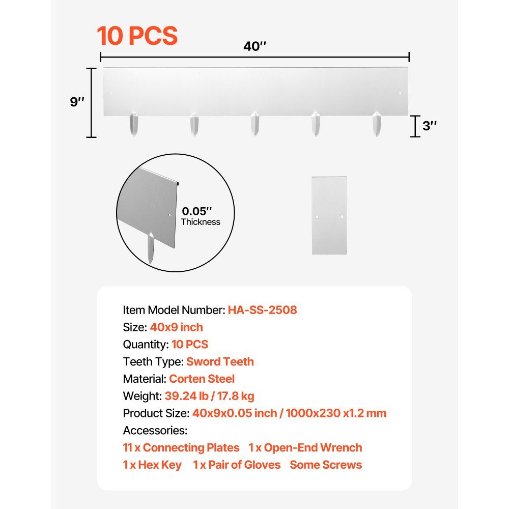 Lawn edging, pack of 10, 100 x 23 cm, bed edging, bed edging made of Corten steel with 11 connecting plates, bed edging, lawn slabs, mowing edge, garden palisade made of metal for flower beds and garden paths