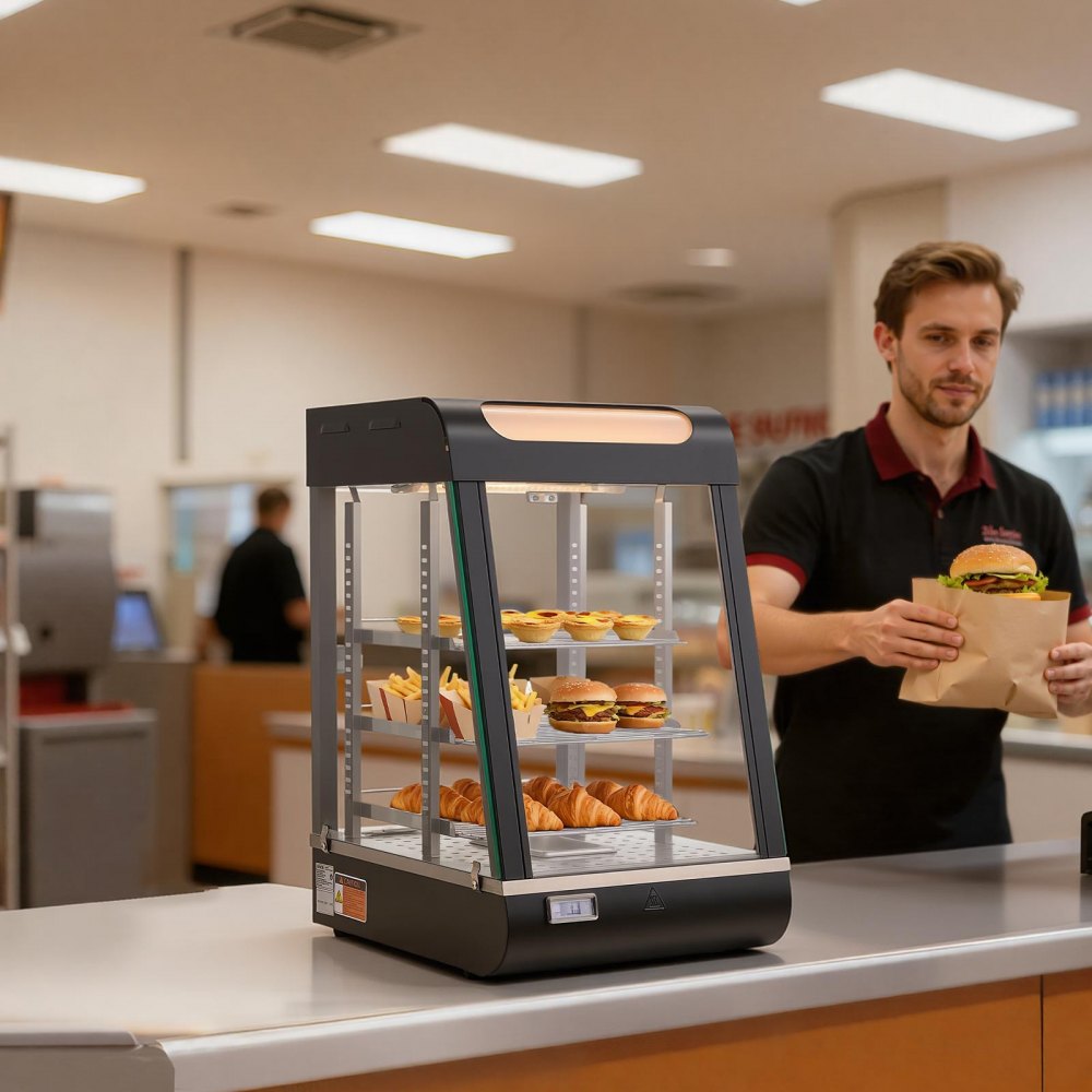 Comptoir chauffant à 3 niveaux 57 L, vitrine chauffante 800 W, comptoir chauffant 30-85 °C, chauffe-plats avec éclairage LED et étagères réglables, vitrine alimentaire pour hamburger pizza pain poulet frit