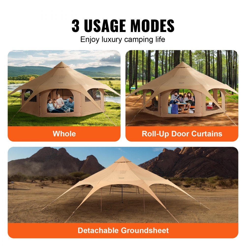 Bell Tent 5x2.8m Yurt Tent TC Cotton and Heavy Duty Iron Poles with Oxford Cloth Groundsheet Camping Tent Family Tent 8 Windows Group Tent for Outdoor Adventures